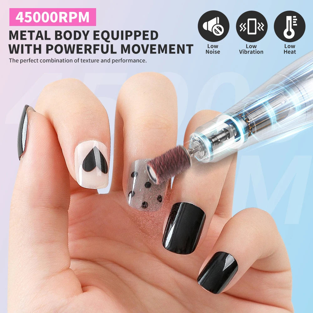 Professional Portable Nail Drill & File Buffers 45000 RPM Electric Manicure Pedicure Tool with Brushed Motor for Salon Use