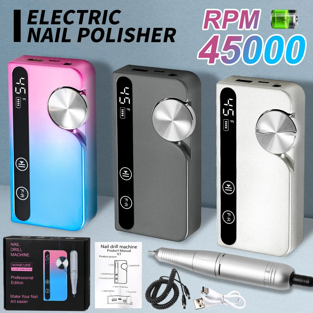 Professional Portable Nail Drill & Electric File Rechargeable 45000 RPM for Acrylic Nails & Gel Polish Removal