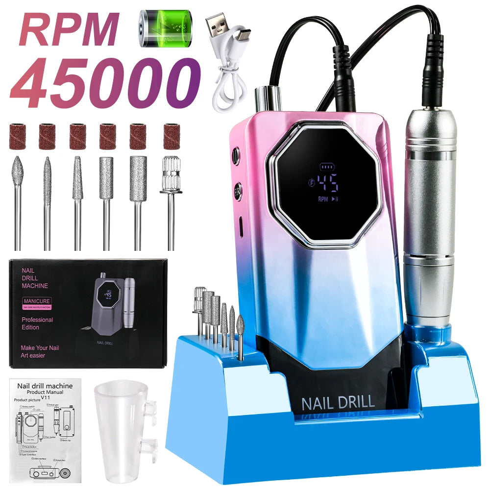 Professional Portable Nail Drill & File Buffers 45000 RPM Electric Manicure Pedicure Tool with Brushed Motor for Salon Use