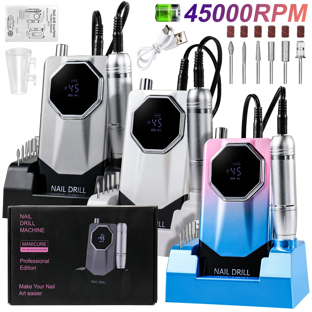Professional Portable Nail Drill & File Buffers 45000 RPM Electric Manicure Pedicure Tool with Brushed Motor for Salon Use