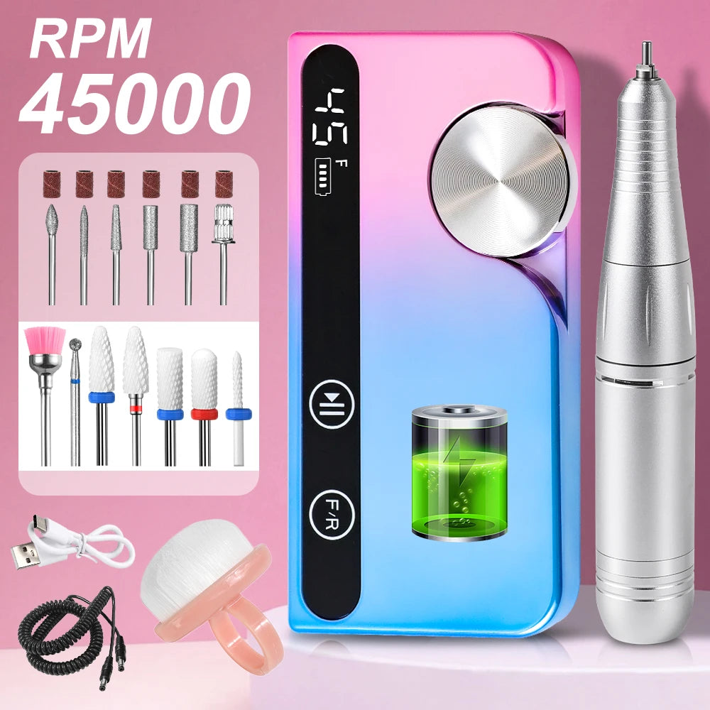 Professional Portable Nail Drill & Electric File Rechargeable 45000 RPM for Acrylic Nails & Gel Polish Removal