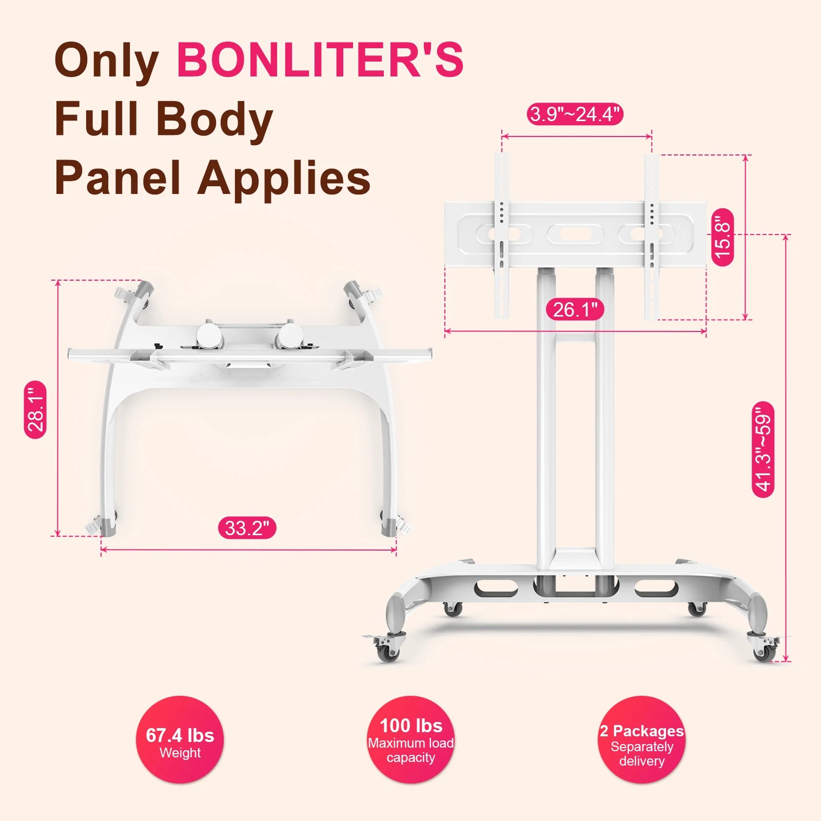 Bonliter Home Use Removable Rolling Stand for 1500W 2160W 2400W Red Therapy Light Panel Horizontal and Vertical