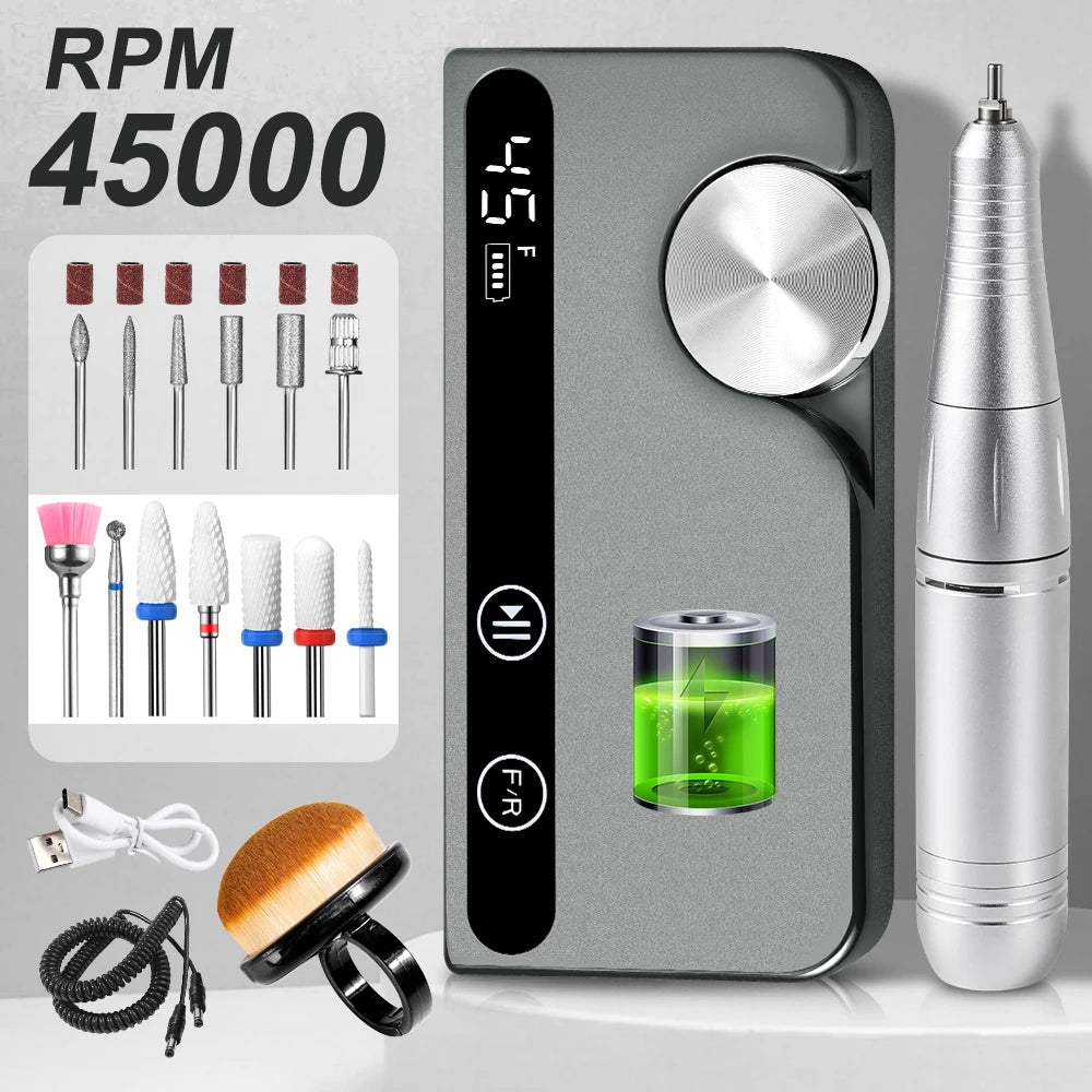 Professional Portable Nail Drill & Electric File Rechargeable 45000 RPM for Acrylic Nails & Gel Polish Removal