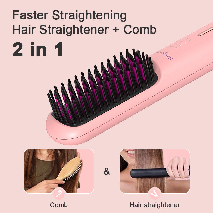 Portable Wireless Rechargeable USB Fast Professional Permanent Ceramic Flat Iron Cordless Mini Hair Straightener Brush Comb