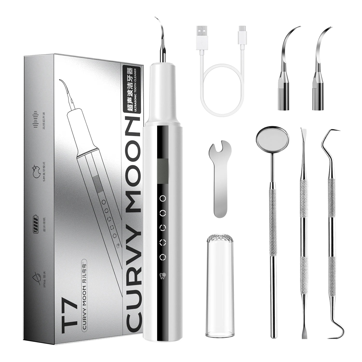 Smart Dental Cleaning Device Set with Pressure Sensors Sonic Electric Toothbrush Rechargeable Dental Cleaner Curvy Moon T7