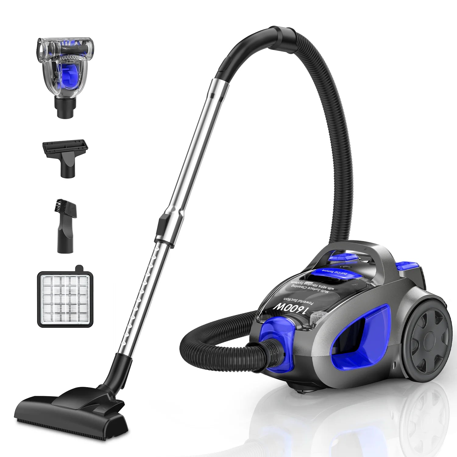 1600W Bagless Canister Vacuum Cleaner for Household Use 32Kpa H13 HEPA Filter 3.7Qt Large Capacity Dust Full Indicator 5 Tool
