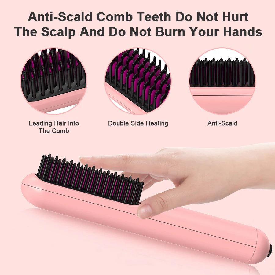 Portable Wireless Rechargeable USB Fast Professional Permanent Ceramic Flat Iron Cordless Mini Hair Straightener Brush Comb
