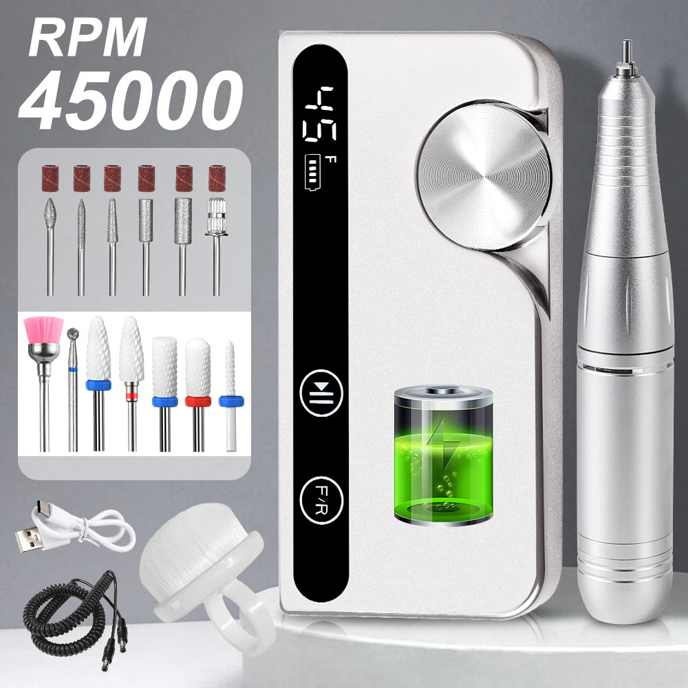 Professional Portable Nail Drill & Electric File Rechargeable 45000 RPM for Acrylic Nails & Gel Polish Removal