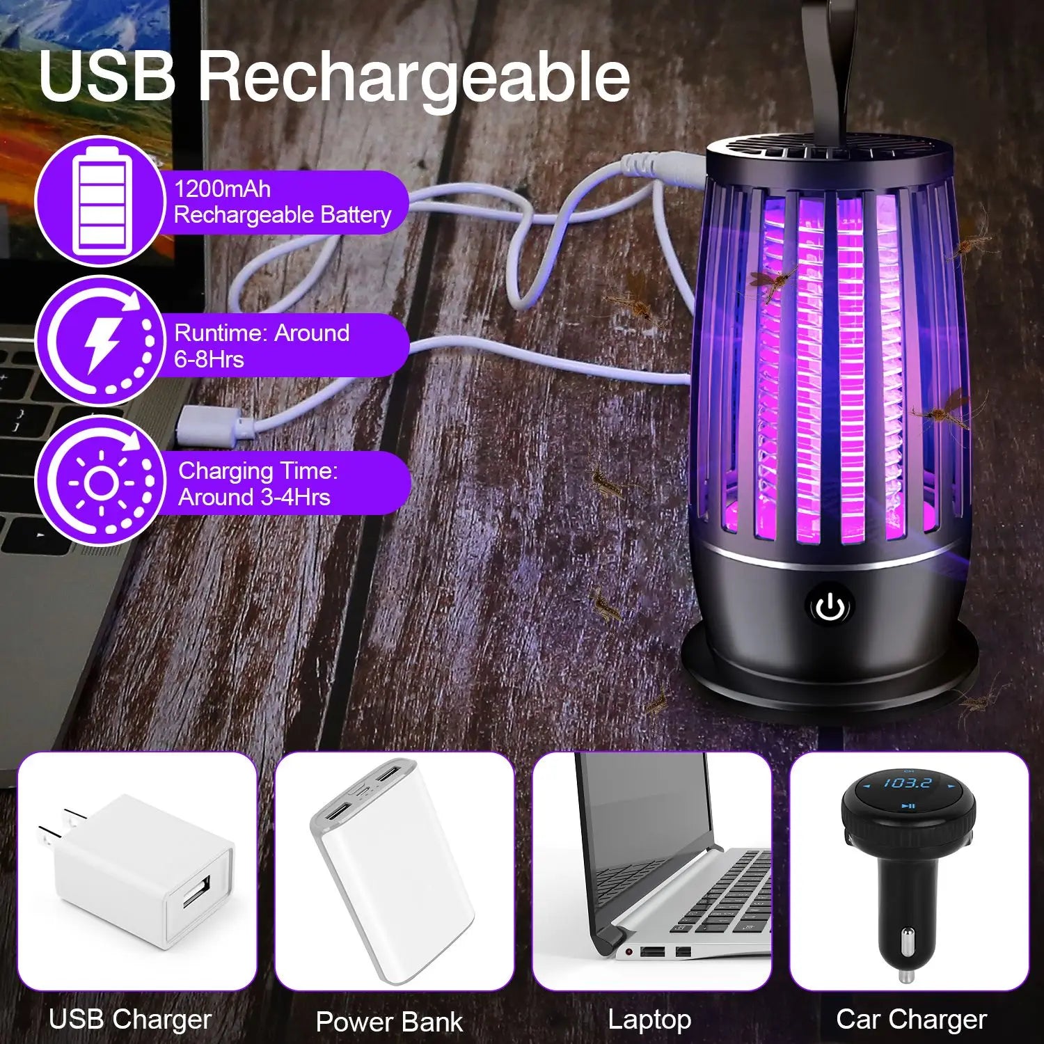 Rechargeable UV Light Electric Mosquito Killer Lamp Indoor Outdoor Bug Zapper with Night Light Strap Max 1615Square Feet Range