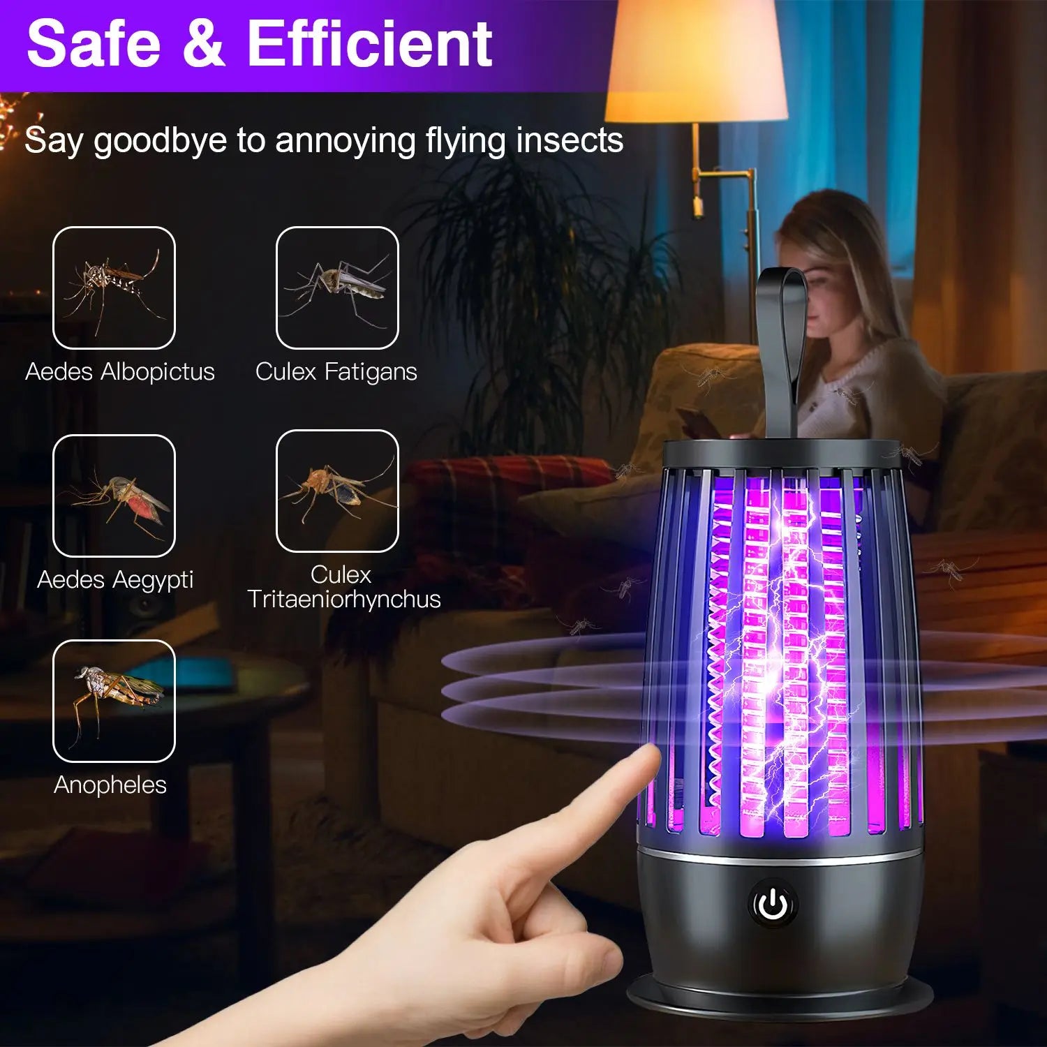 Rechargeable UV Light Electric Mosquito Killer Lamp Indoor Outdoor Bug Zapper with Night Light Strap Max 1615Square Feet Range