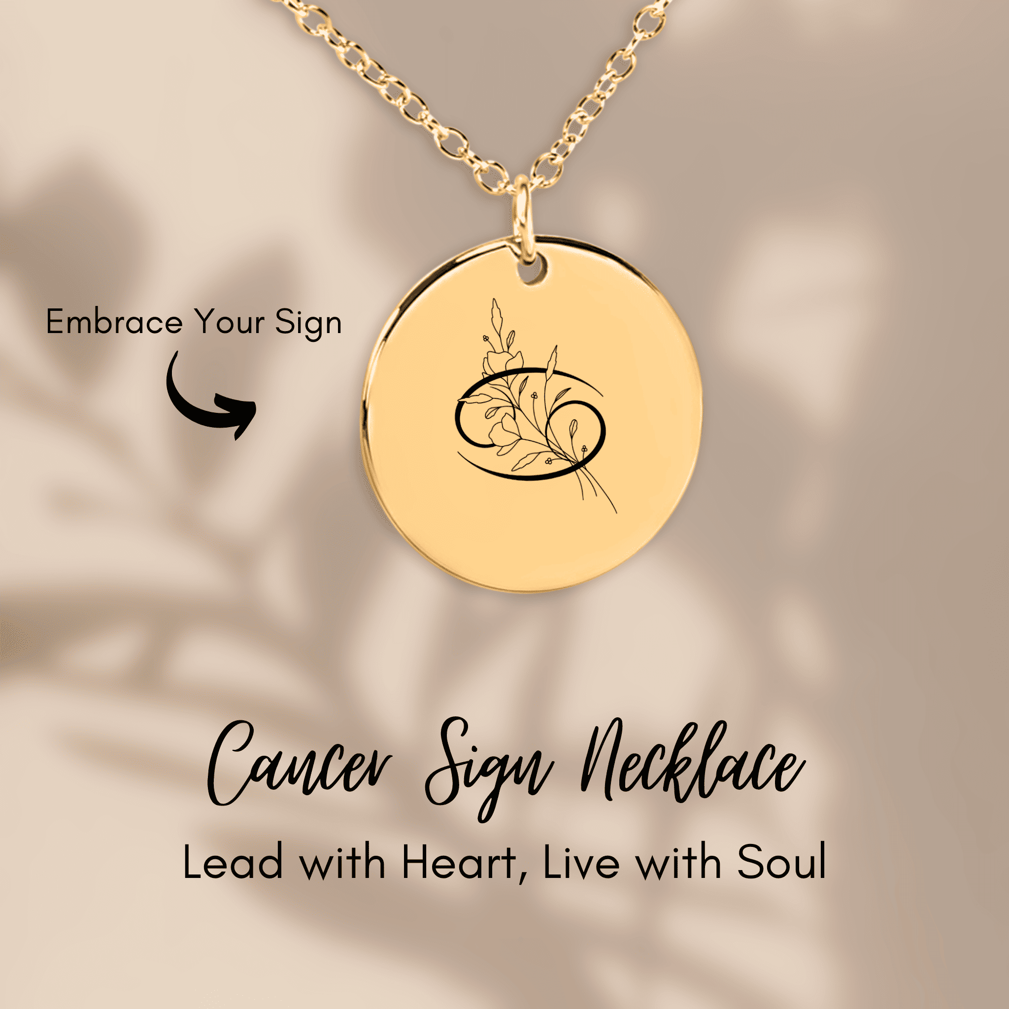 Cancer Floral Zodiac Sign Coin Necklace