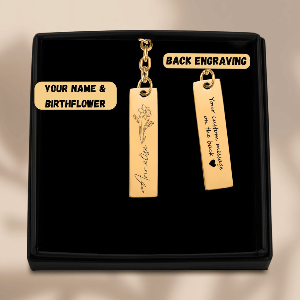 Name & Birthflower Vertical Bar Keychain