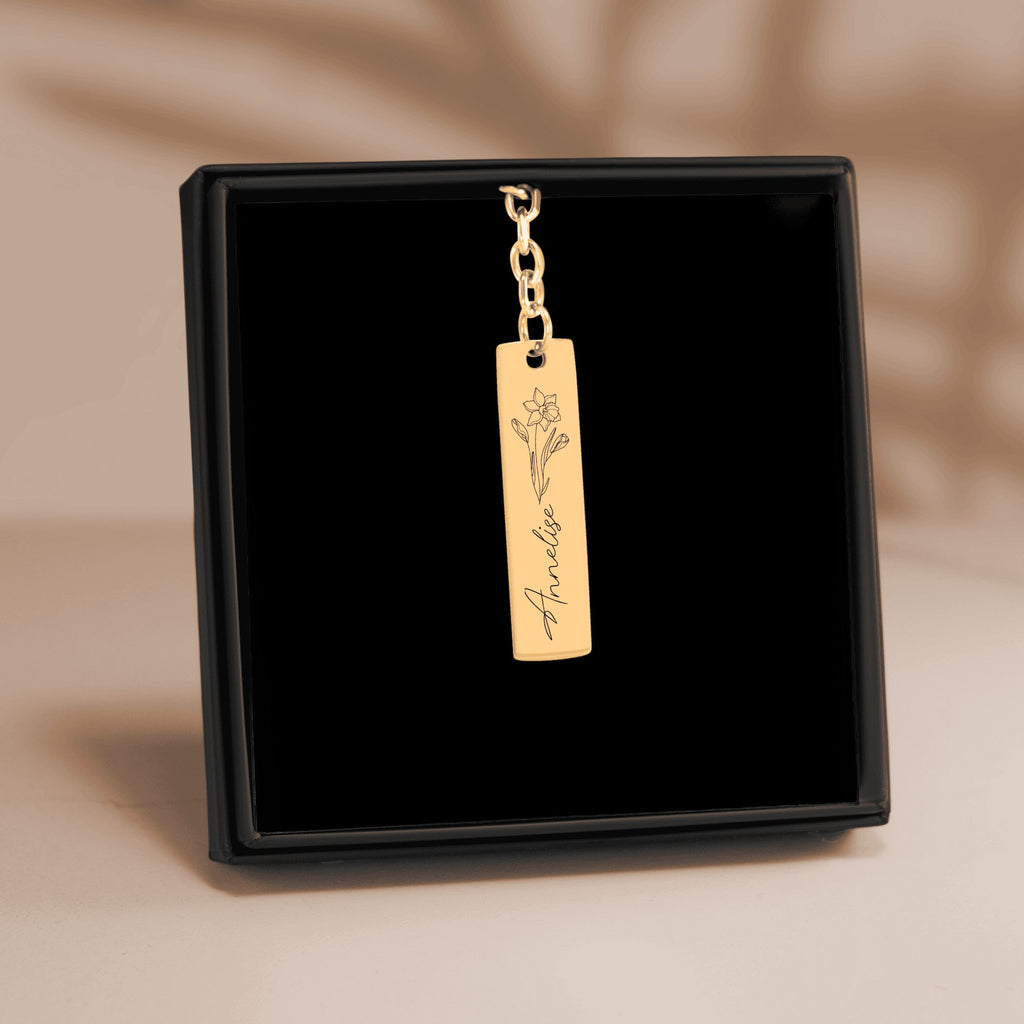 Name & Birthflower Vertical Bar Keychain