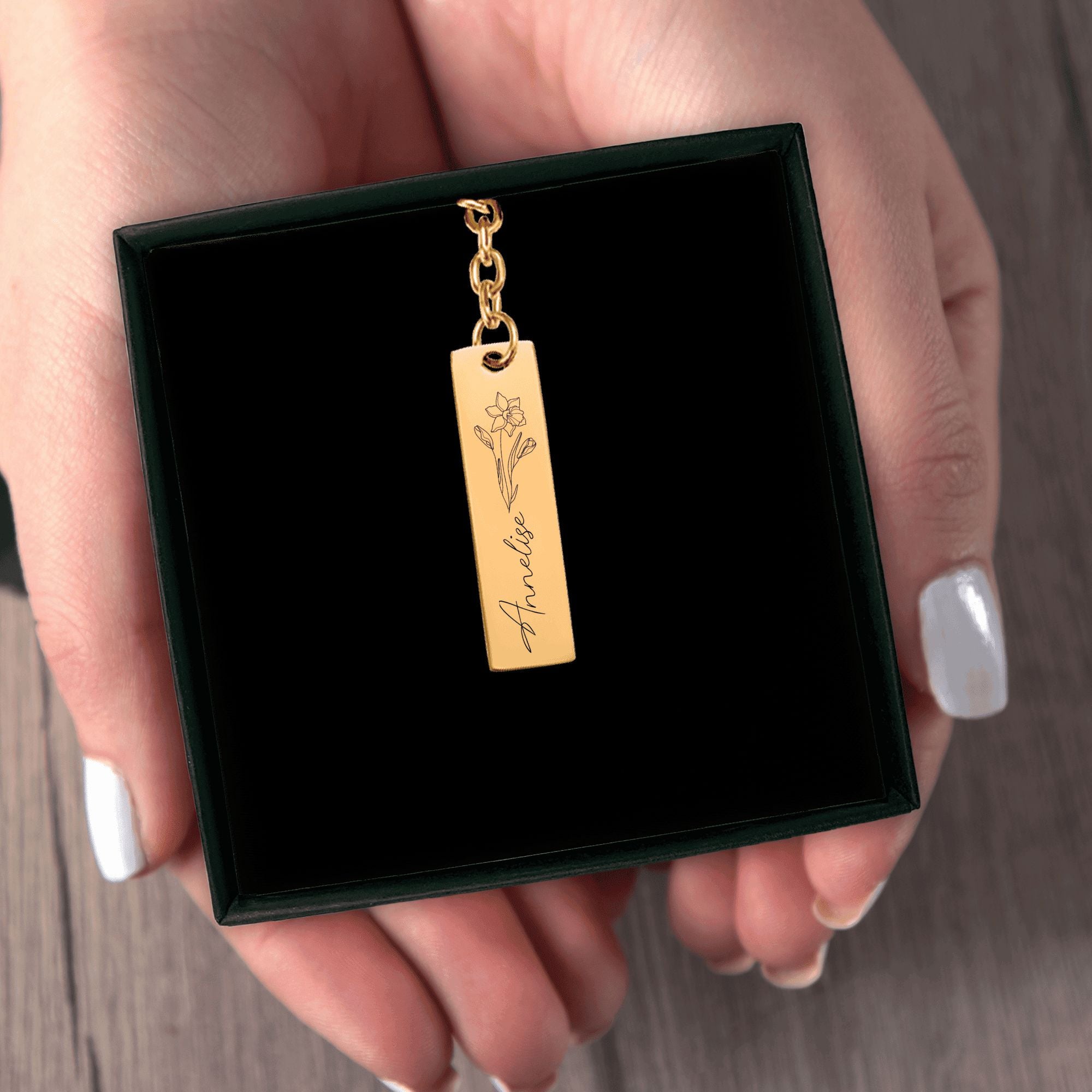 Name & Birthflower Vertical Bar Keychain