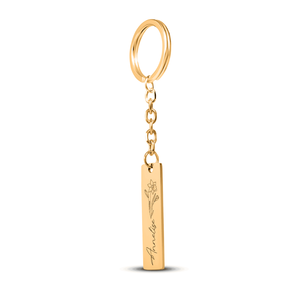 Name & Birthflower Vertical Bar Keychain